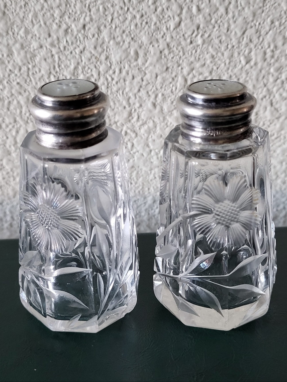 Vintage Etched Floral Glass Salt & Pepper Shakers 925 Sterling Tops Pair